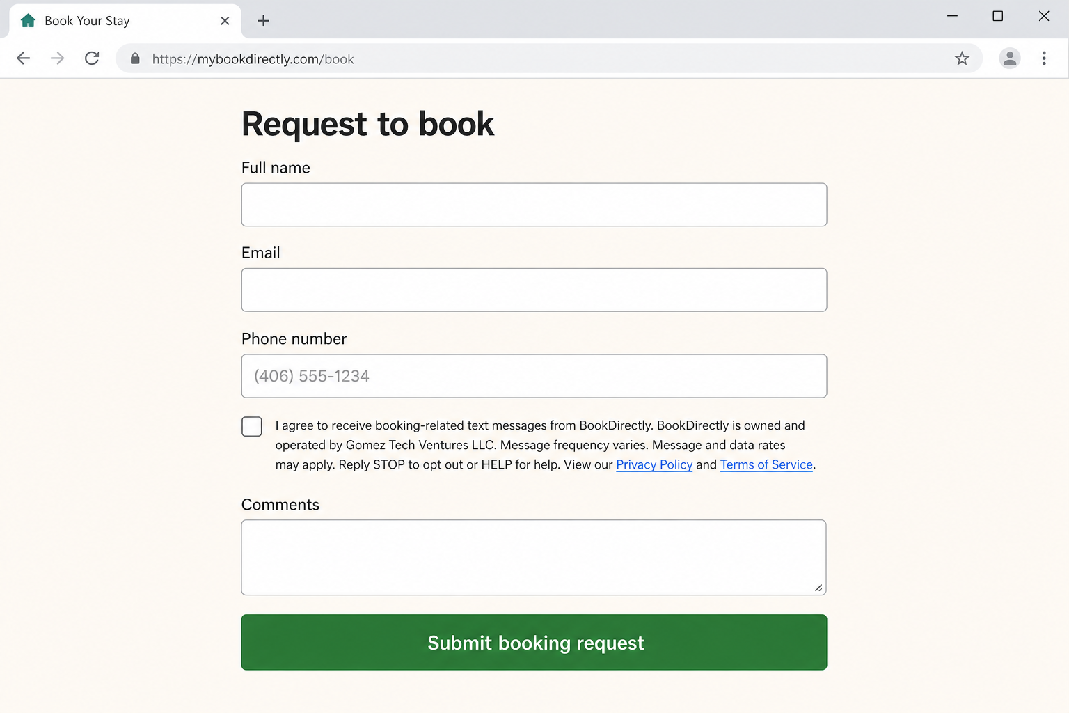 BookDirectly booking request form showing phone field, unchecked SMS consent checkbox, Privacy Policy and Terms links, and submit button