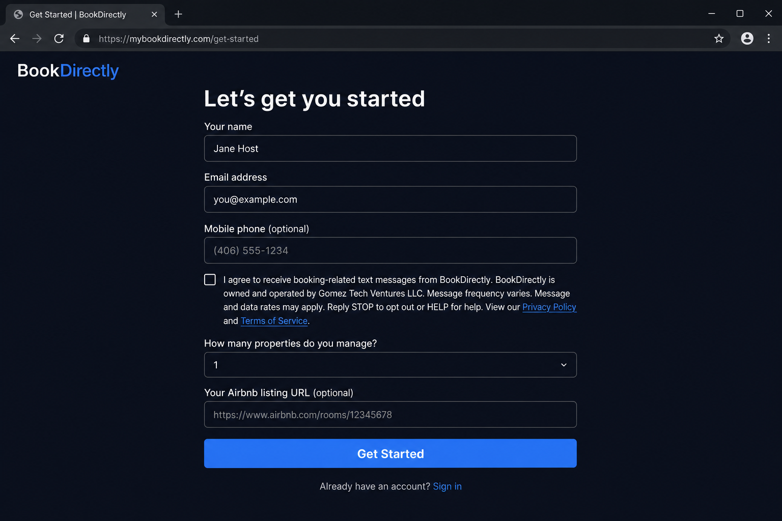 BookDirectly Get Started form showing phone field, unchecked SMS consent checkbox, Privacy Policy and Terms links, and submit button