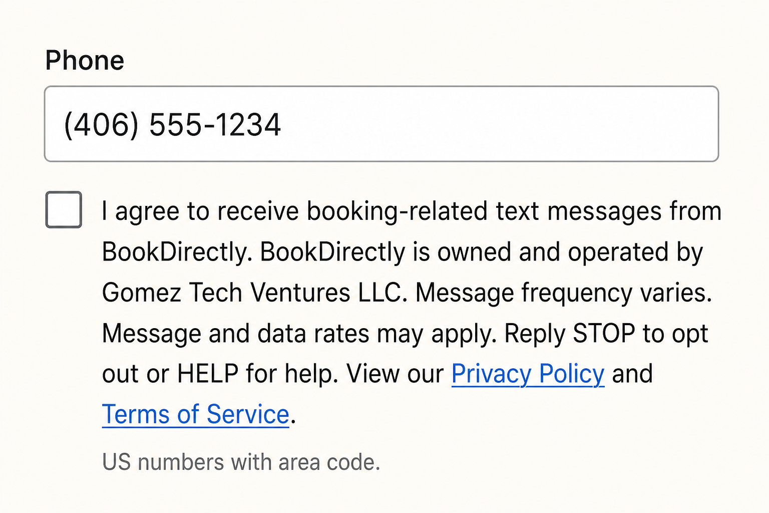 Close-up of BookDirectly phone number field with unchecked SMS consent checkbox and links to Privacy Policy and Terms of Service